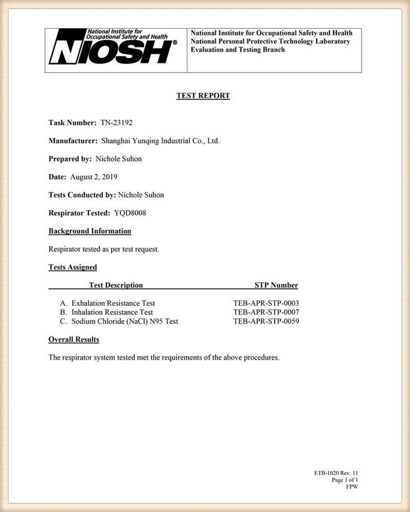 NIOSH N95 Test Report YQD80081
