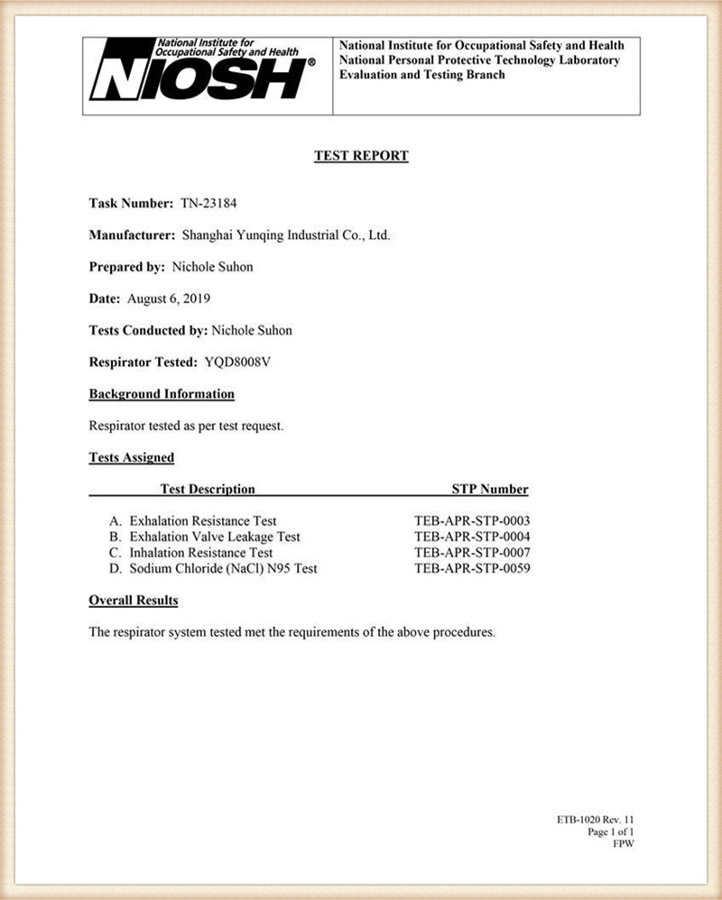 NIOSH N95 Test Report YQD8008V2